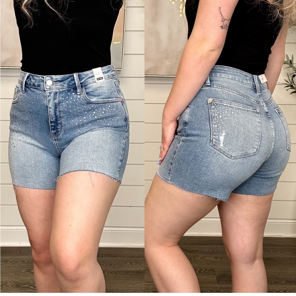 High-Waisted Blue Jean Shorts with Frayed Hem